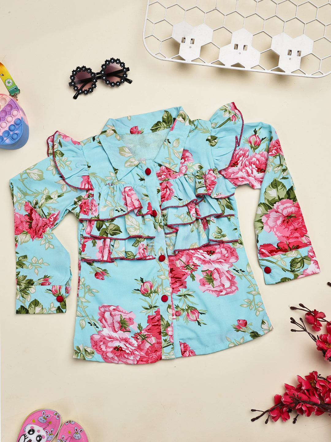 Cutiekins Girls Shirt Style Floral Print Embellished Top -Sky Blue & Pink