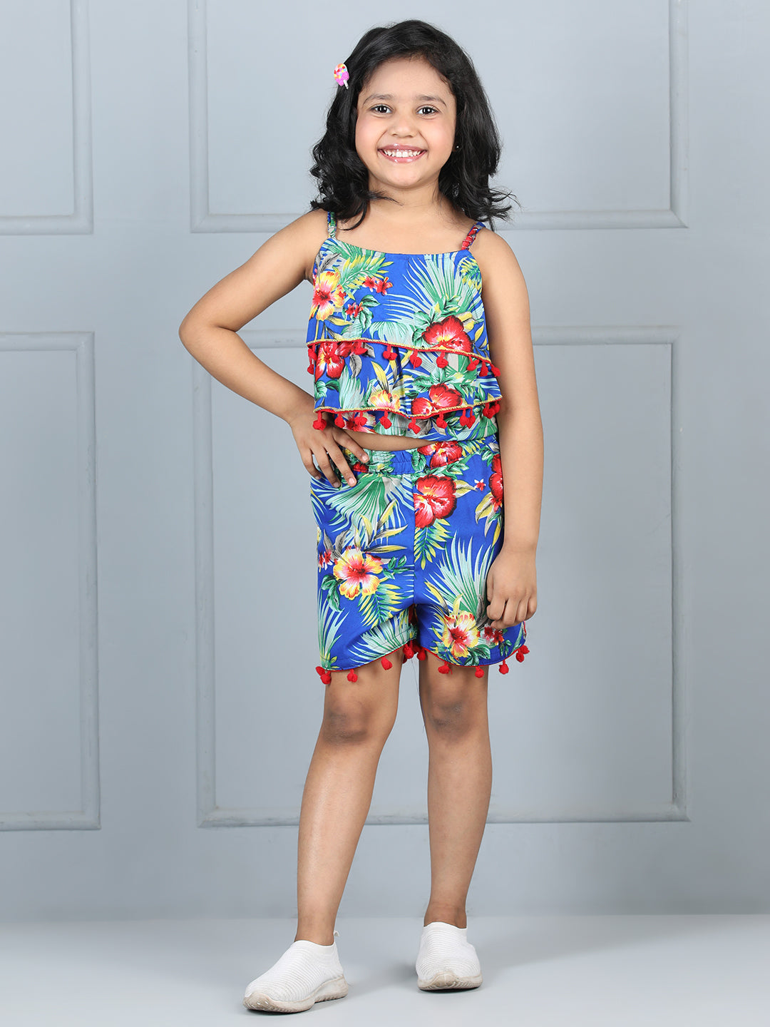 Cutiekins Girls Floral Printed Embellished Top With Printed Shorts -Blue & Multi