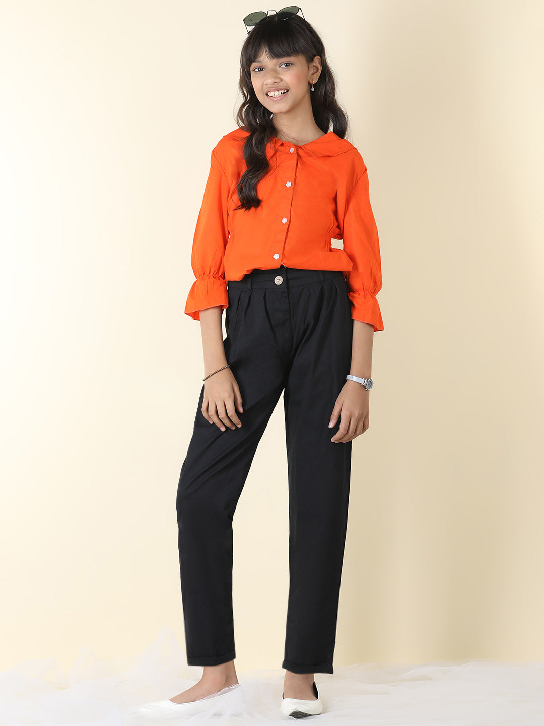 Cutiekins Girls Shirt Style Solid Top With Solid Trouser -Orange & Black