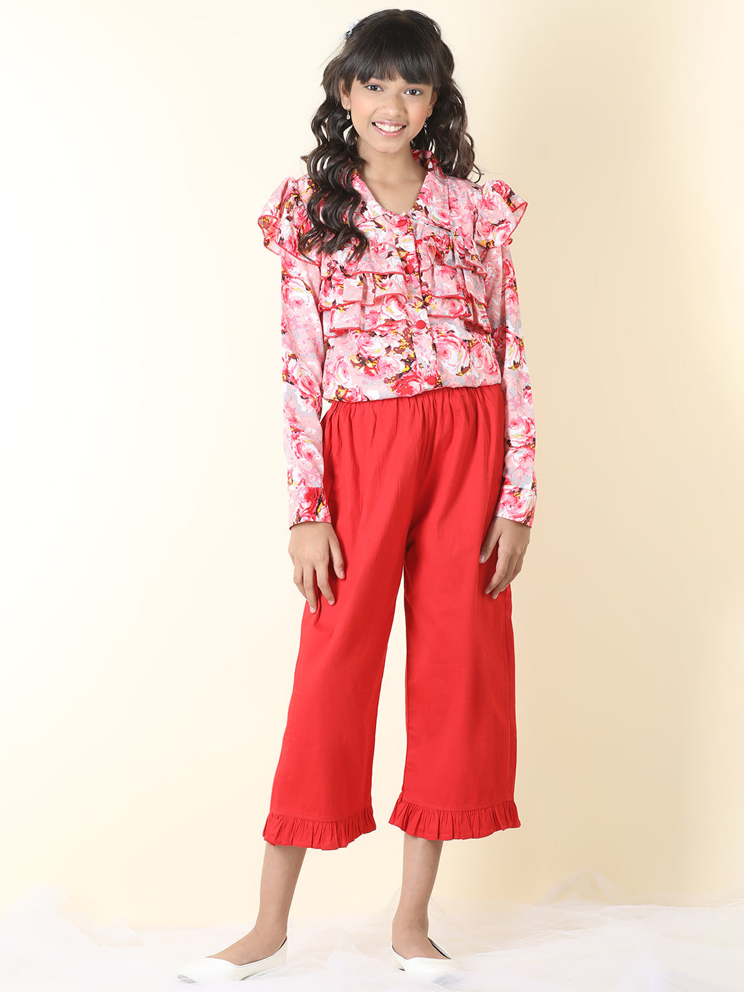 Cutiekins Girls Shirt Style Printed Top With Solid Capri -Pink & Red