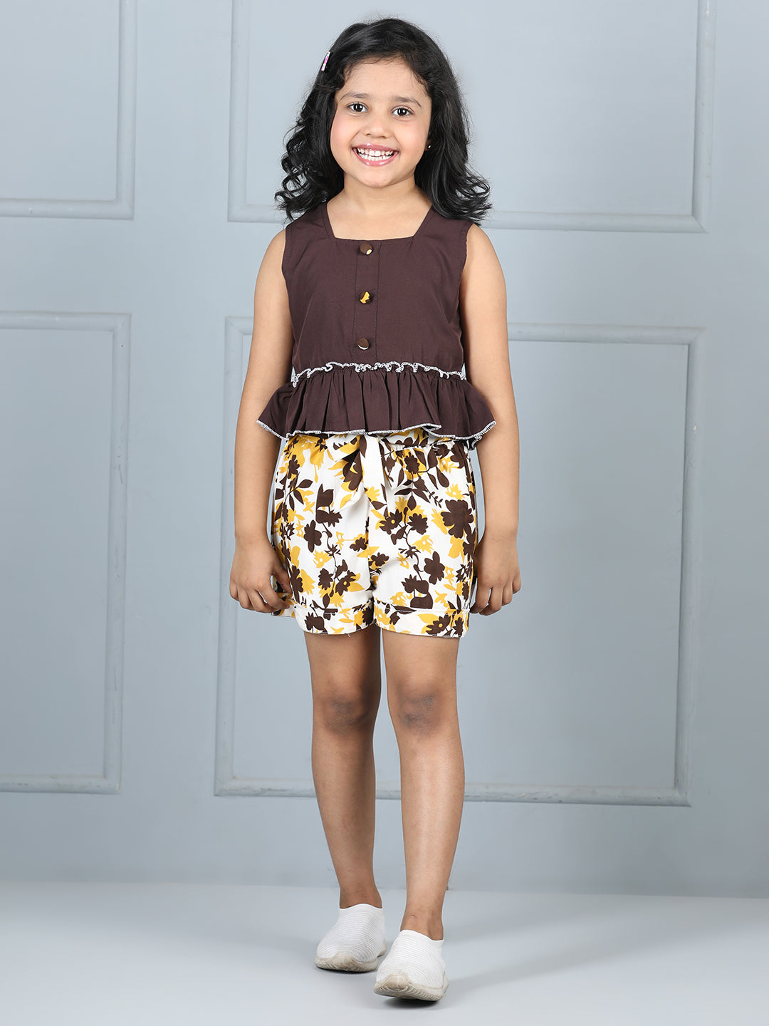 Cutiekins Girls Solid Embellished Top With Printed Shorts -Coffee Brown & Off White