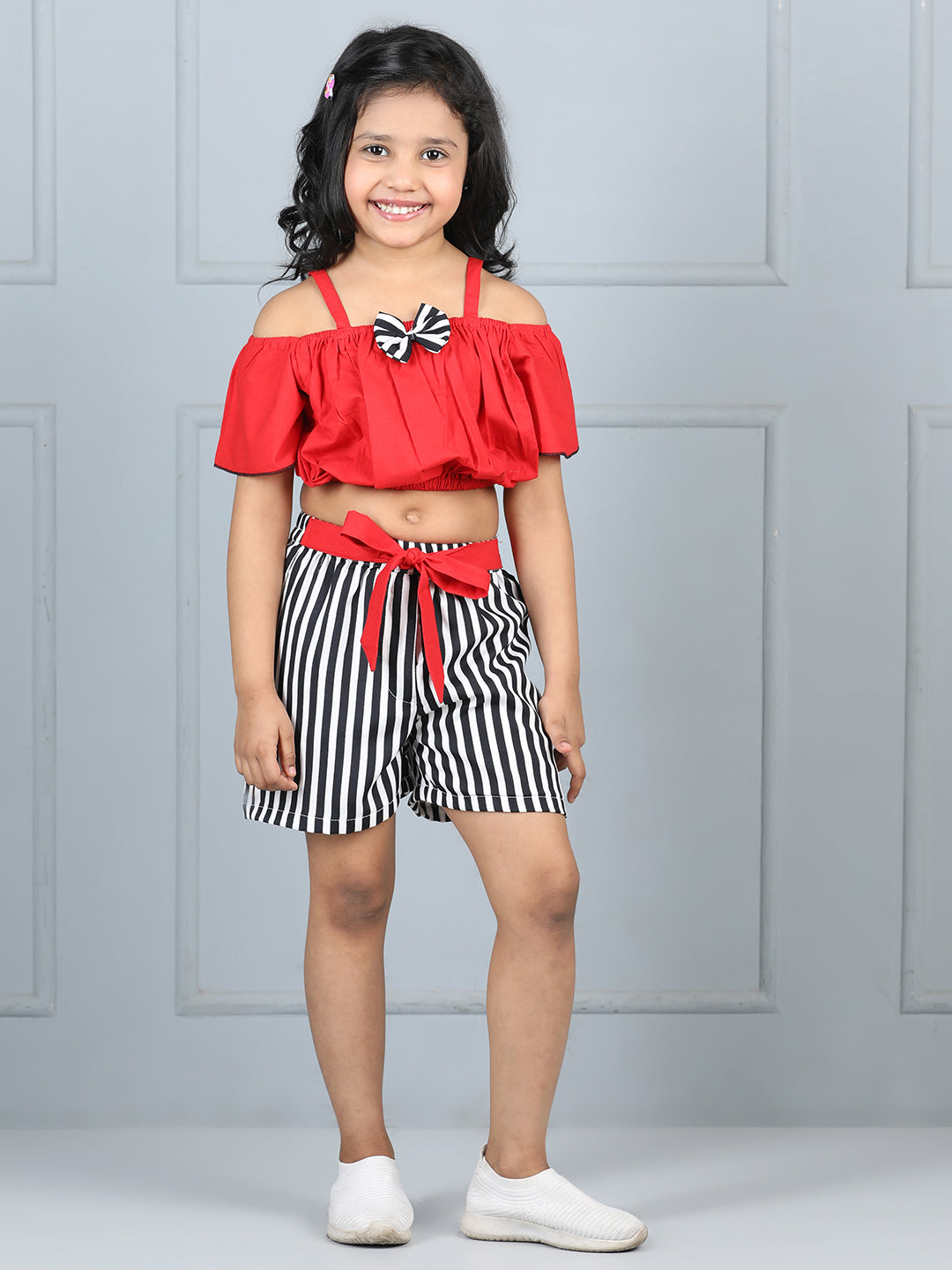 Cutiekins Girls Solid Embellished Top With Striped Shorts -Red & Black