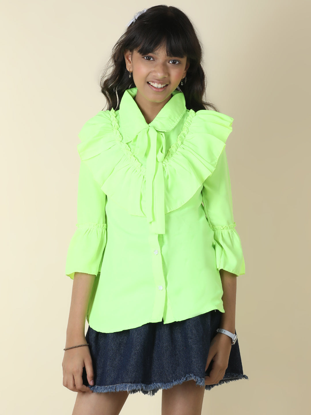 Cutiekins Girls Shirt Style Solid Embellished Top -Fluorescent Green