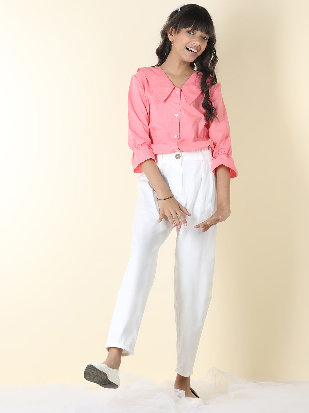 Cutiekins Girls Shirt Style Solid Top With Solid Trouser -Peach & White