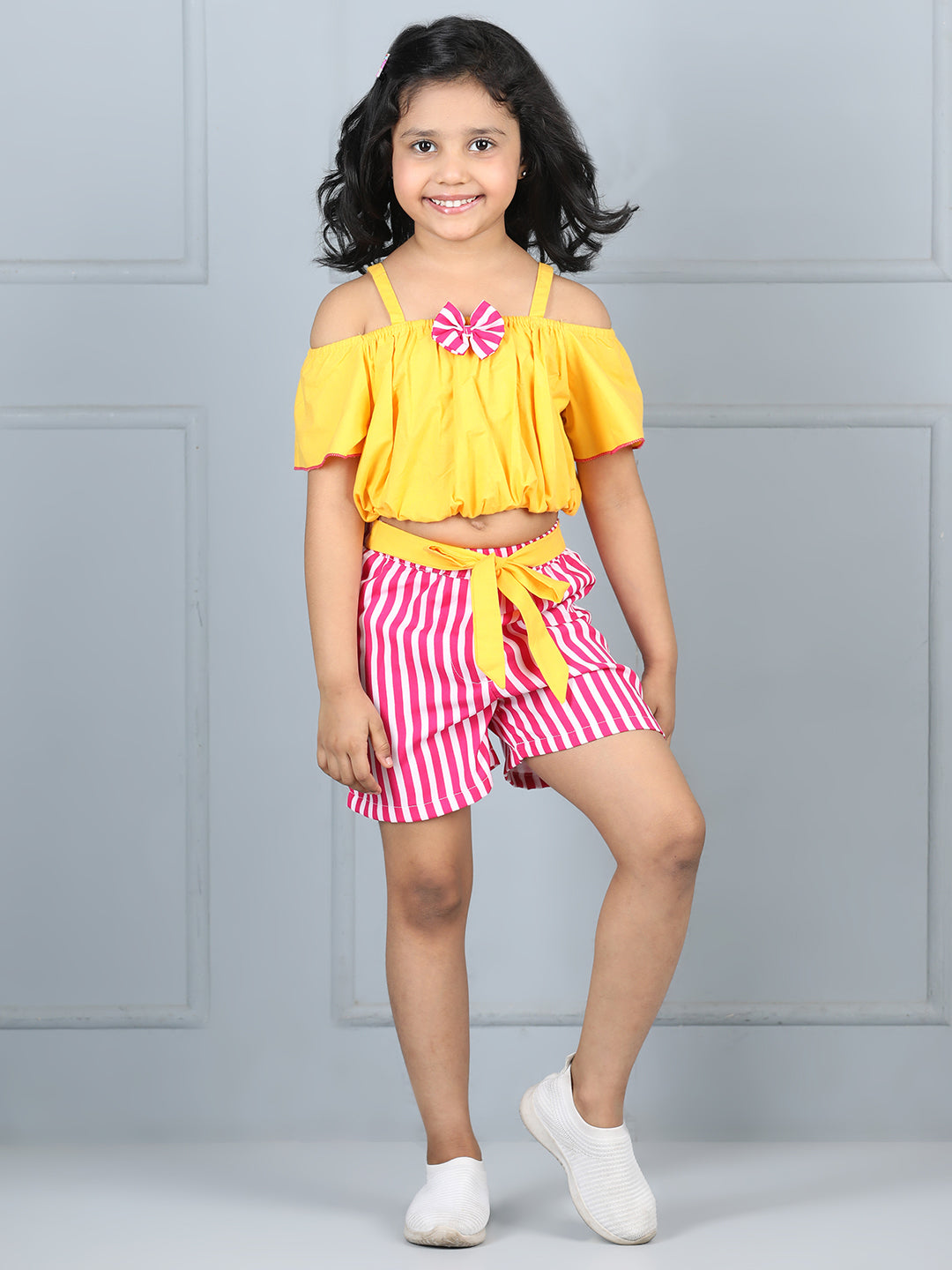 Cutiekins Girls Solid Embellished Top With Striped Shorts -Yellow & Pink