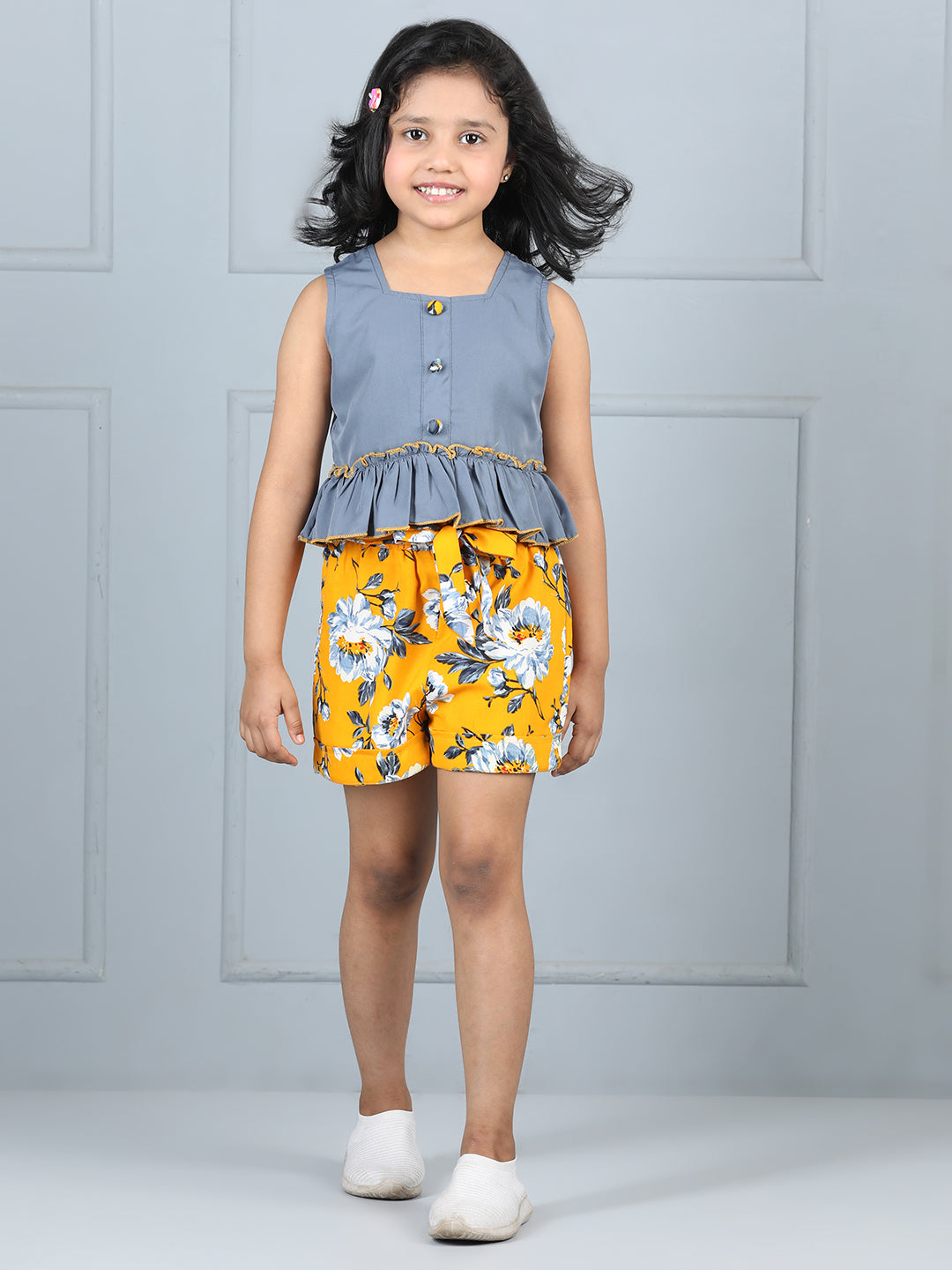 Cutiekins Girls Solid Embellished Top With Printed Shorts -Grey & Yellow