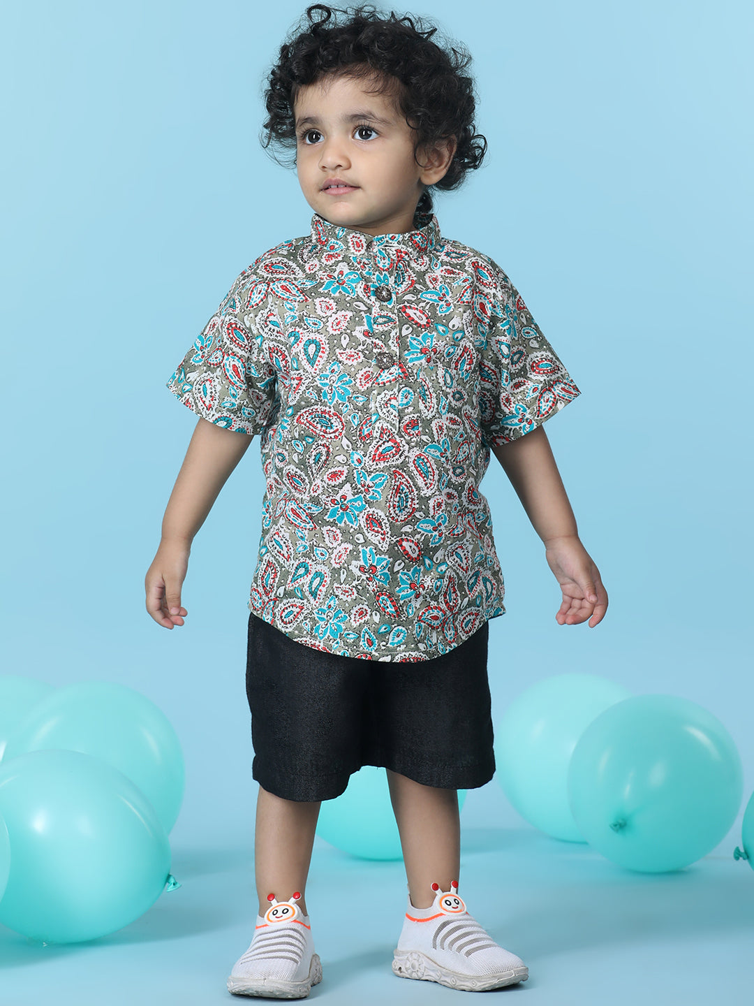 Cutiekins Boys Printed T-Shirt With Solid Denim Short -Multi & Black