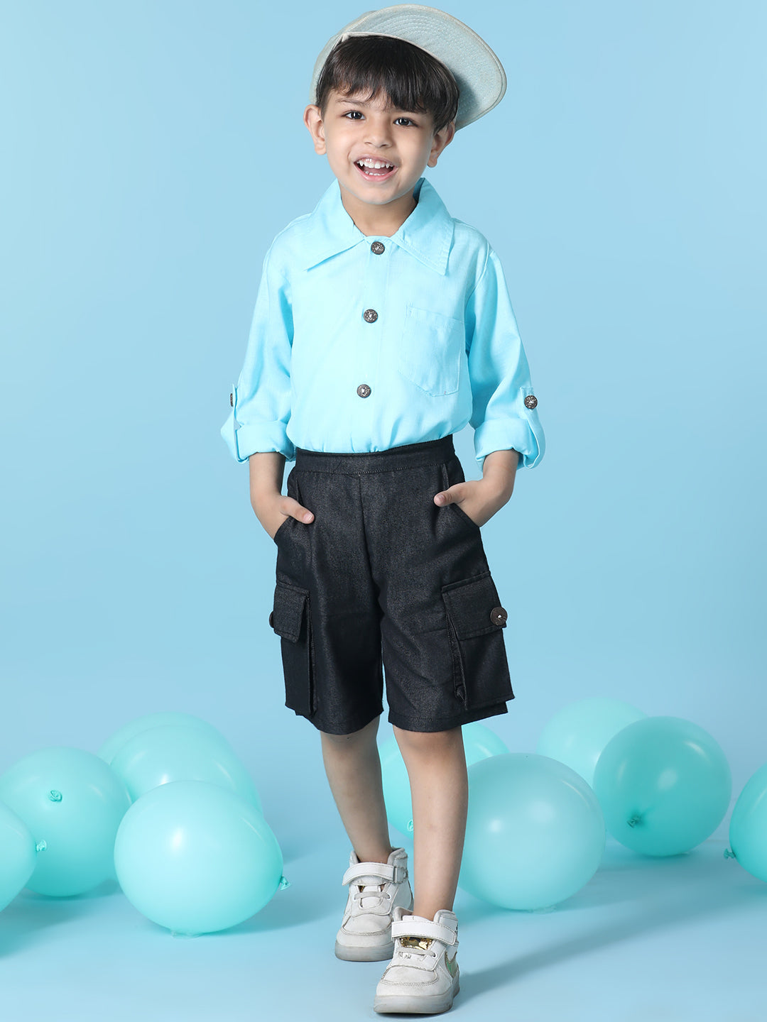 Cutiekins Boys Solid Shirt With Solid Denim Cargo Short -Sky Blue & Black