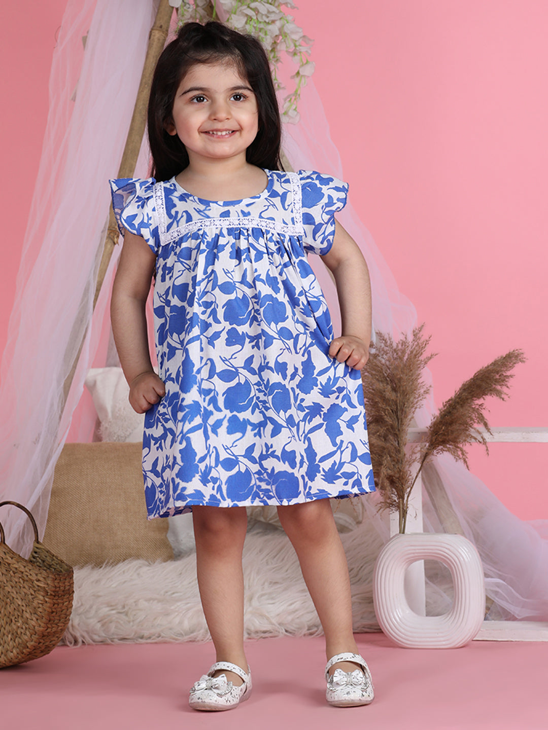 Cutiekins Round Neck Printed Flared Dress-Royal Blue & White