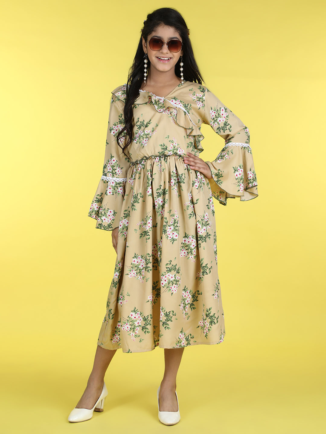 Cutiekins V-Neck Printed Flared Dress-Baige & Green