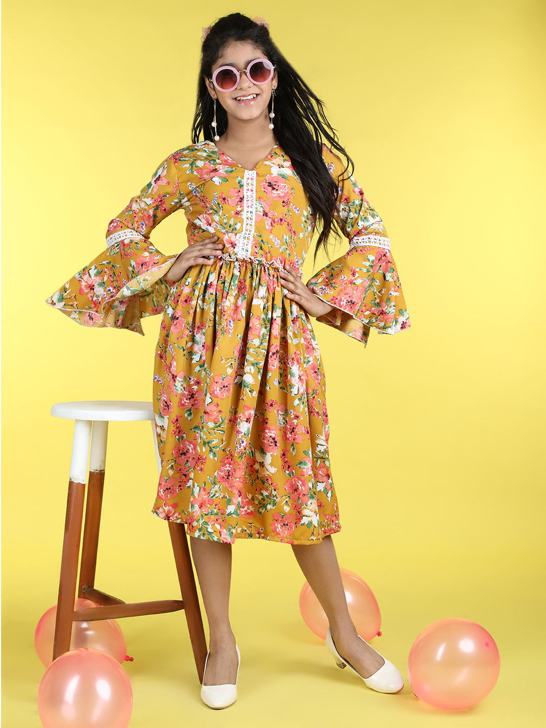 Cutiekins V-Neck Printed Flared Dress-Mustard & Pink