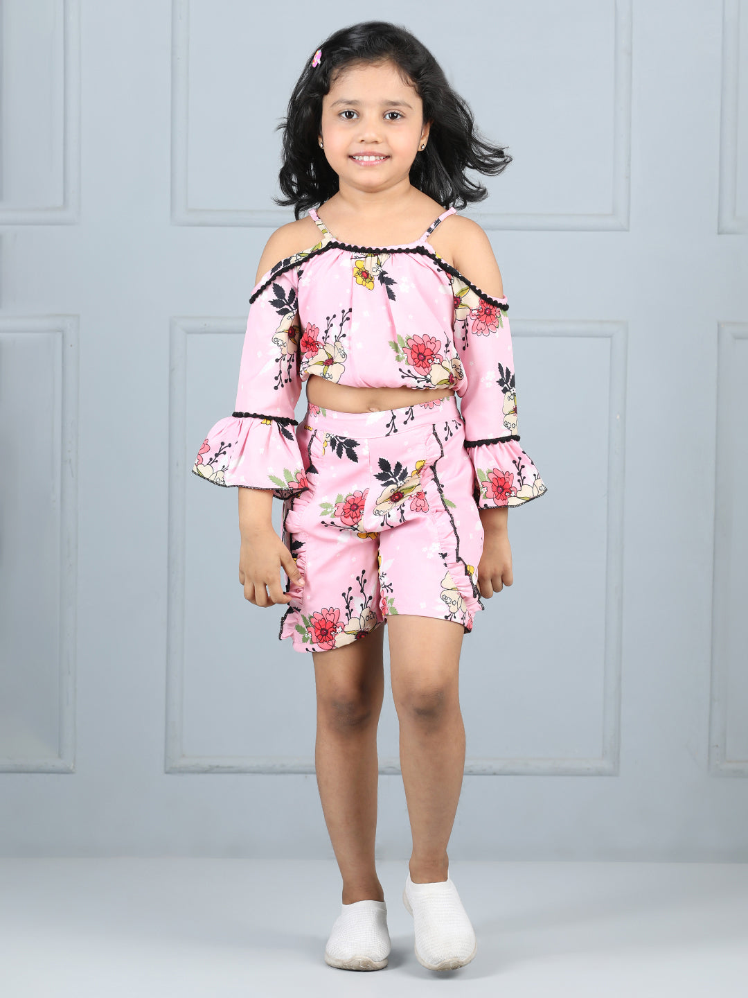 Cutiekins Girls Floral Printed Embellished Top With Printed Shorts -Pink & Multi