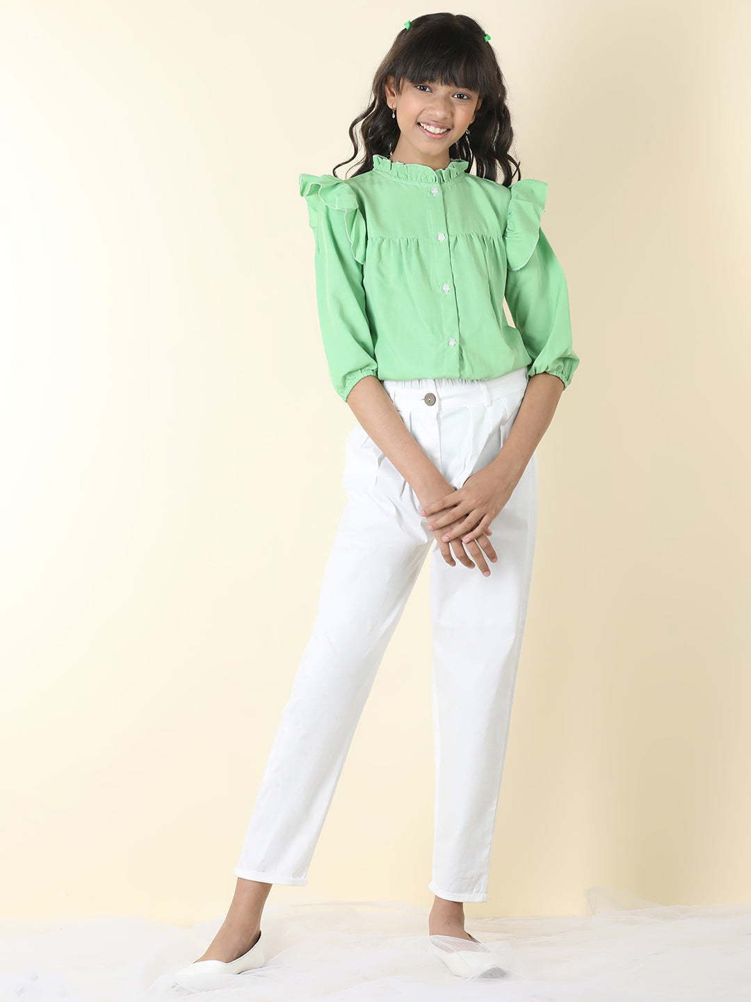 Cutiekins Girls Shirt Style Solid Top With Solid Trouser -Green & White