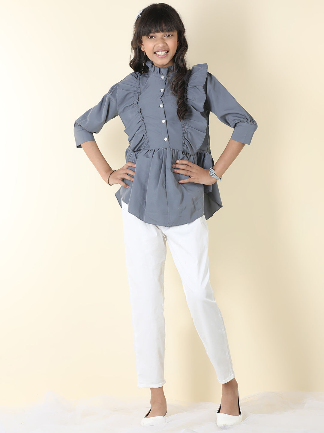 Cutiekins Girls Shirt Style Solid Top With Solid Trouser -Grey & White