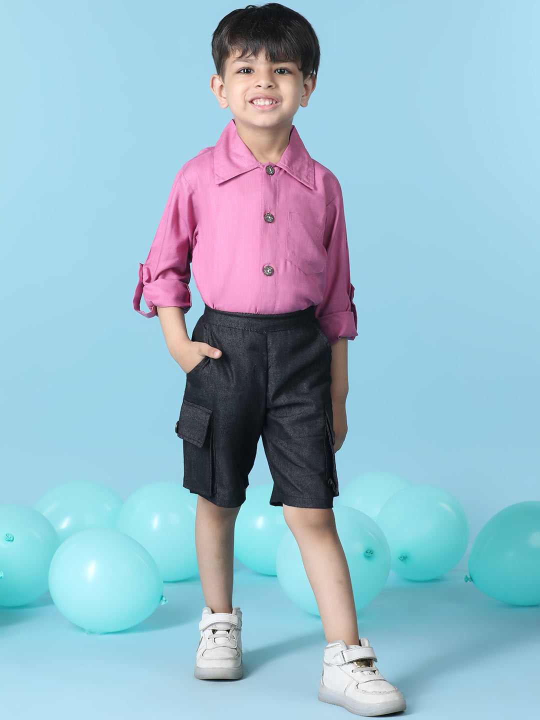 Cutiekins Boys Solid Shirt With Solid Denim Cargo Short -Neon Pink & Black