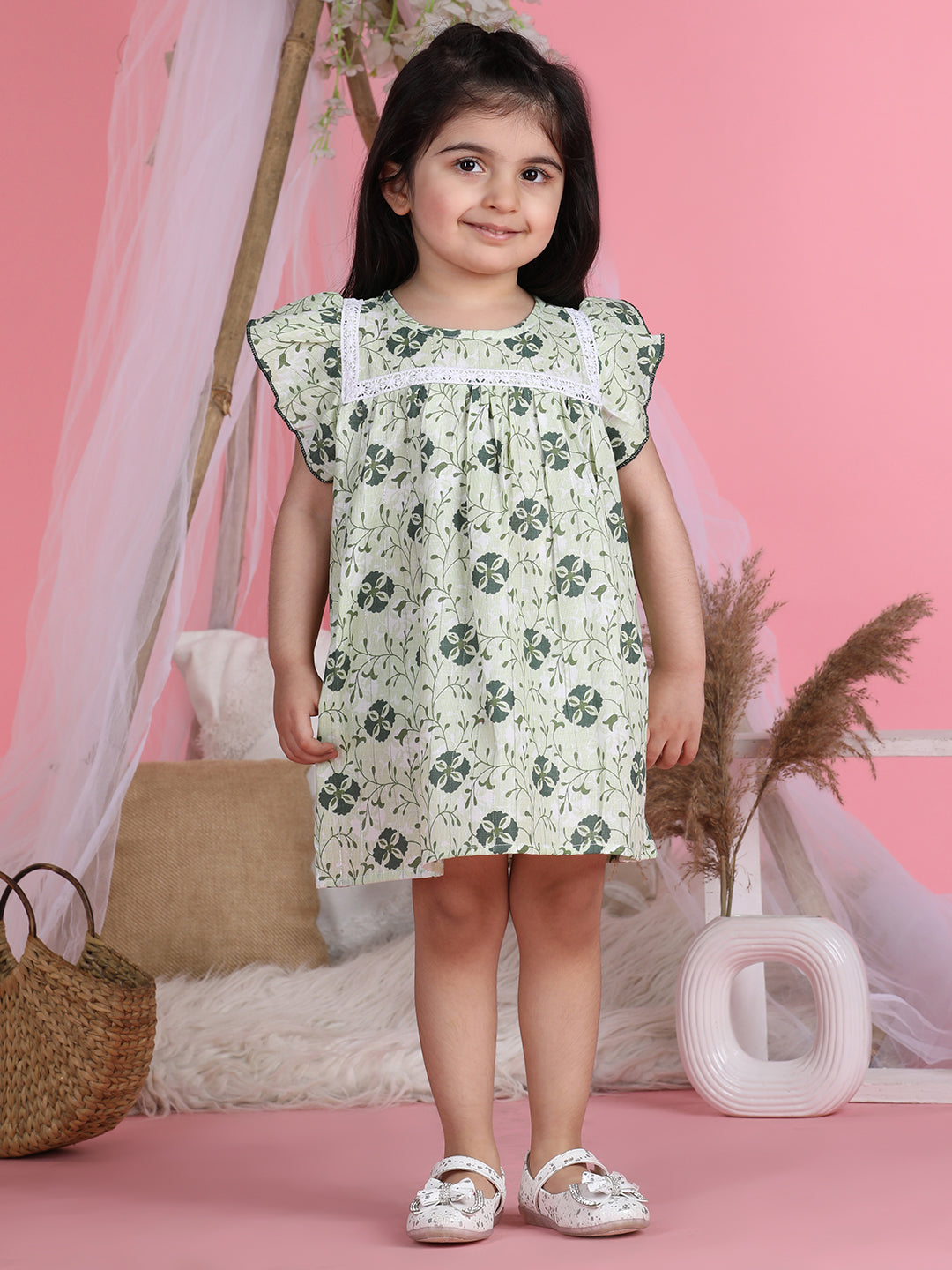 Cutiekins Round Neck Printed Flared Dress-Light Green & White