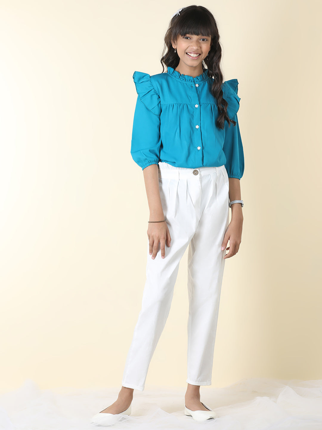 Cutiekins Girls Shirt Style Solid Top With Solid Trouser -Teal & White