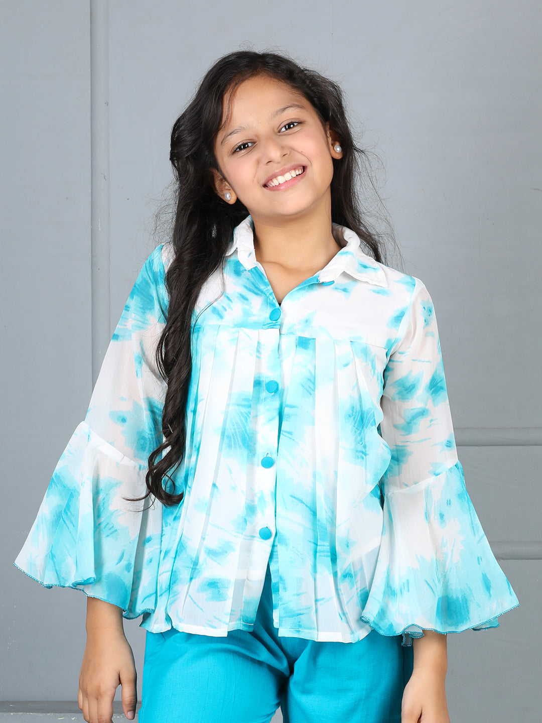 Cutiekins Girls Shirt Style Trendy Tie and Dye Print Top -Off White & Turquoise Blue