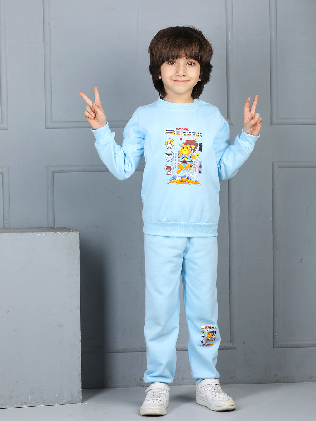 Cutiekins Boys Graphic Print cozy Tracksuit -Light Blue & Mustard