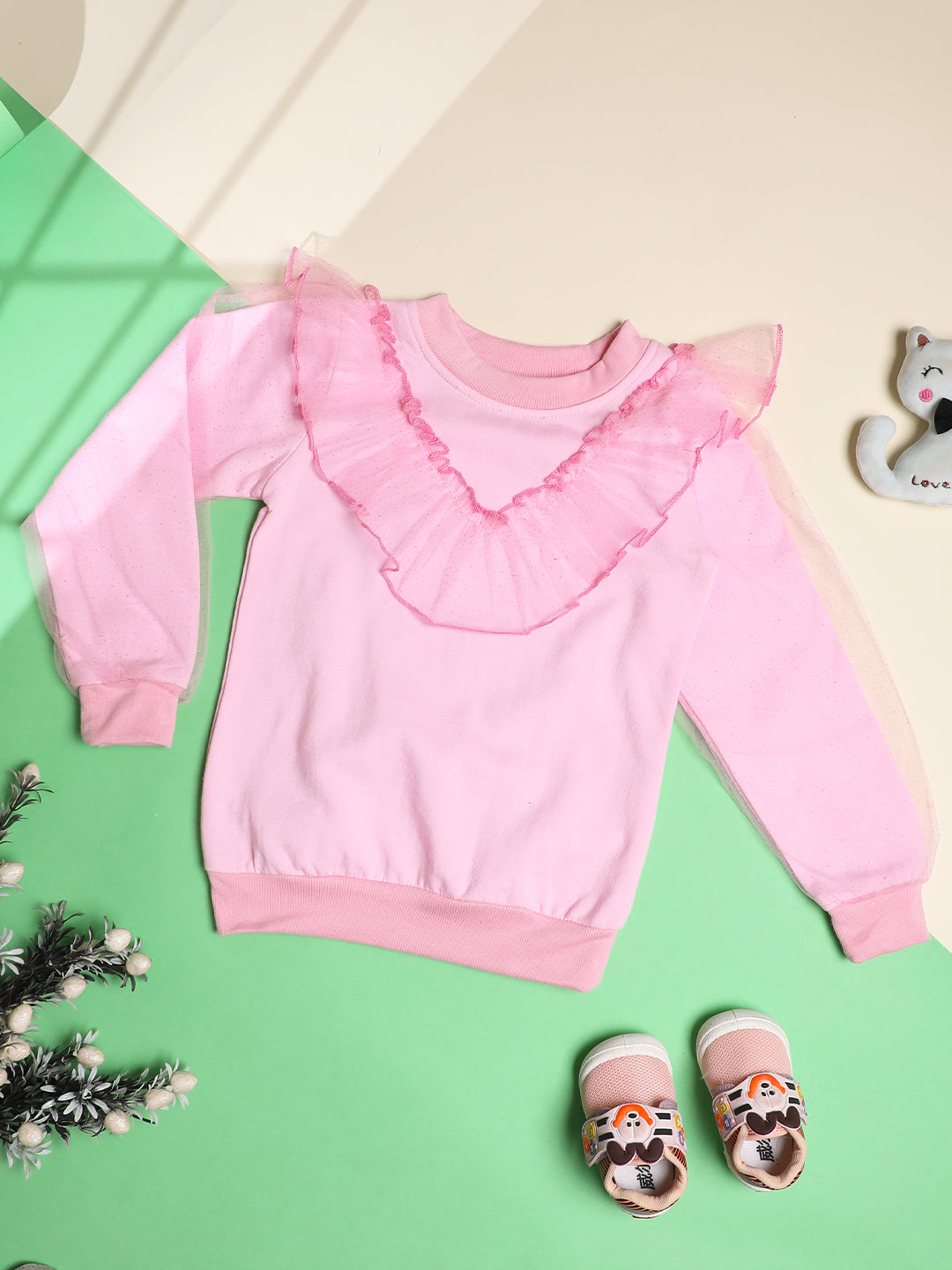 Cutiekins Girls Solid Embellished Trendy Winter Sweatshirt -Pink