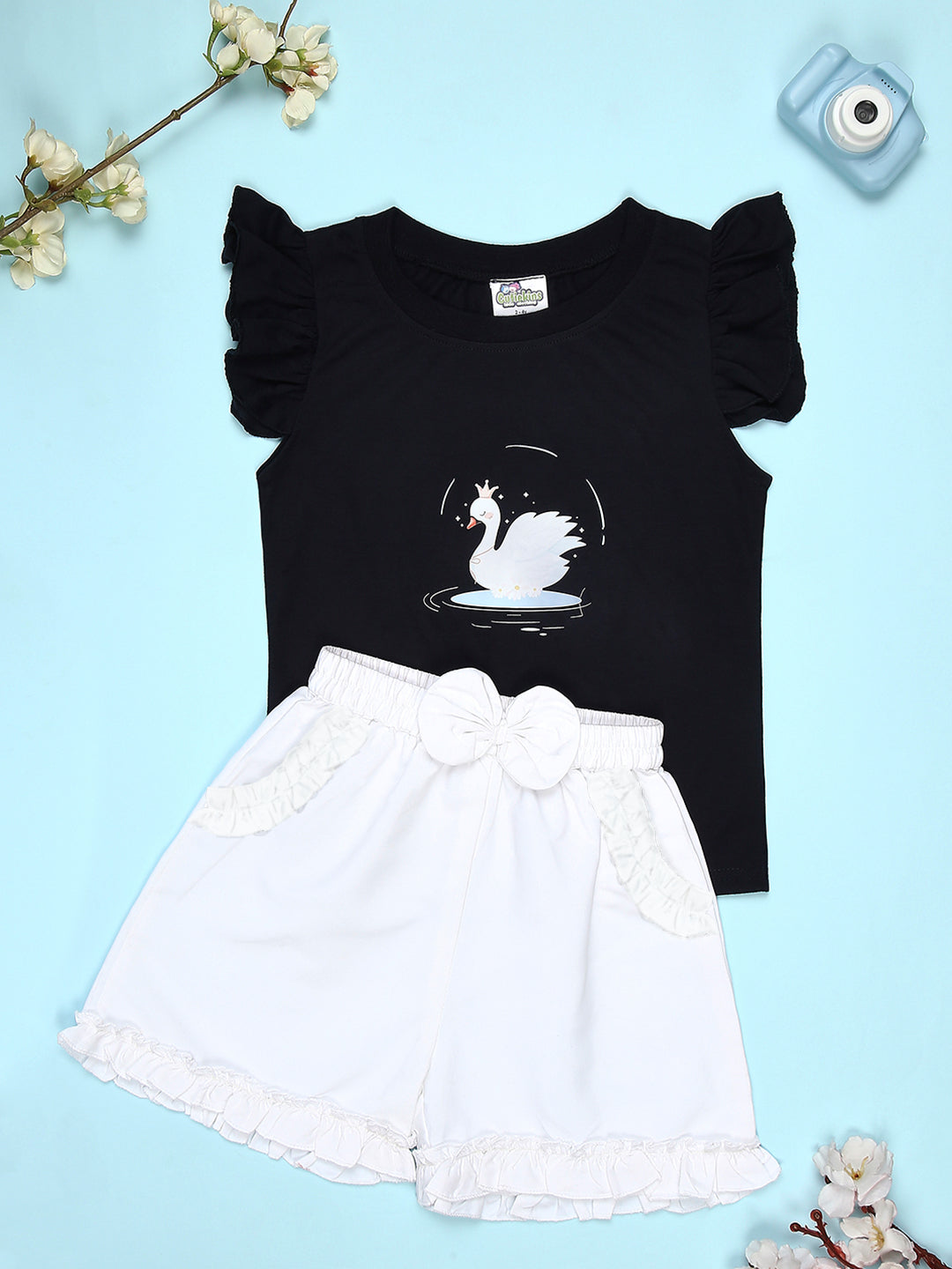Cutiekins Girls Graphic Print T-Shirt with Solid Embellished Small Bow Shorts -Navy Blue & White