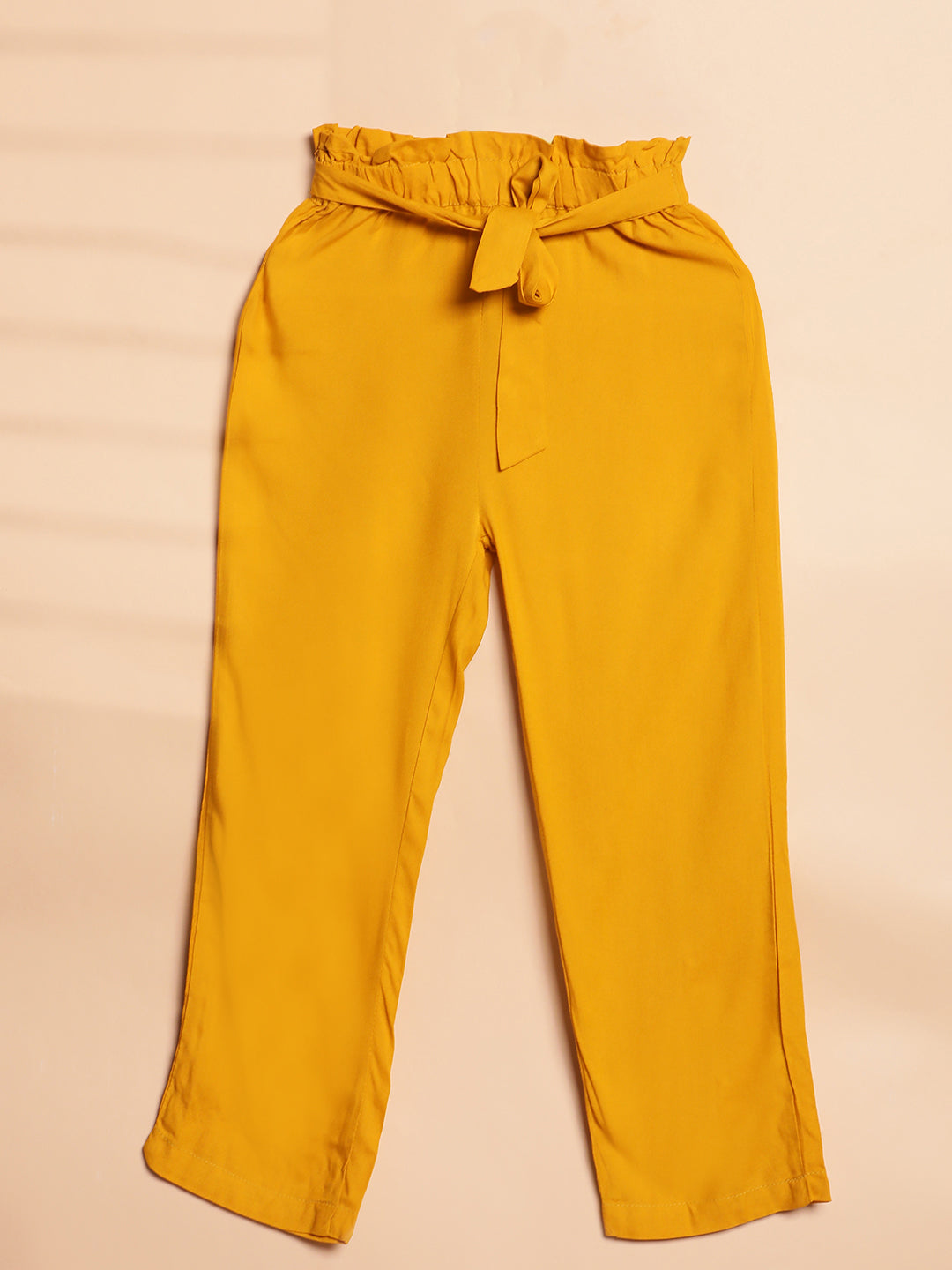 Cutiekins Girls Casual Solid Palazzo with Belt -Mustard