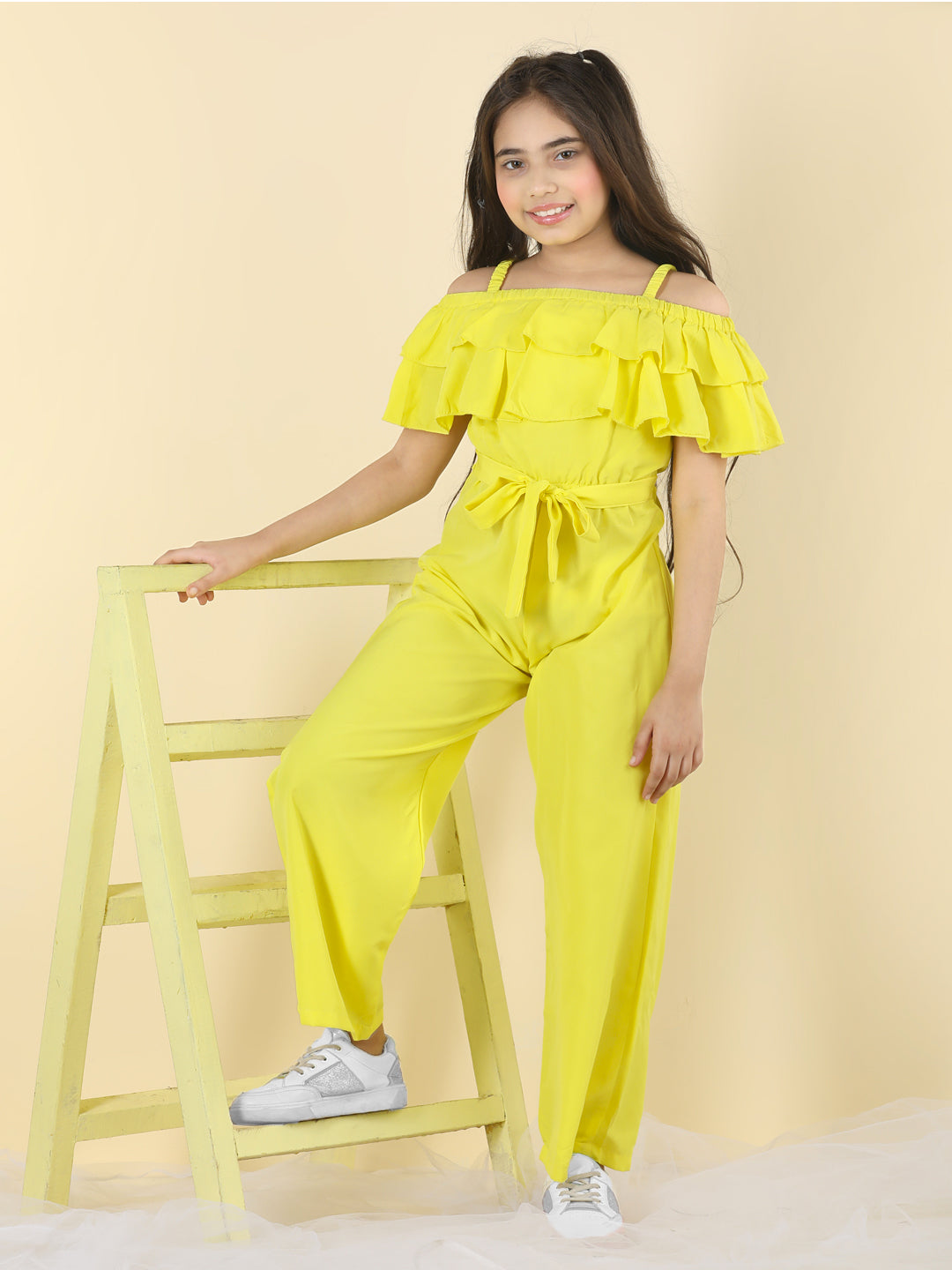 Cutiekins Girls Shoulder Strap Solid Embellished Jumpsuit -Yellow