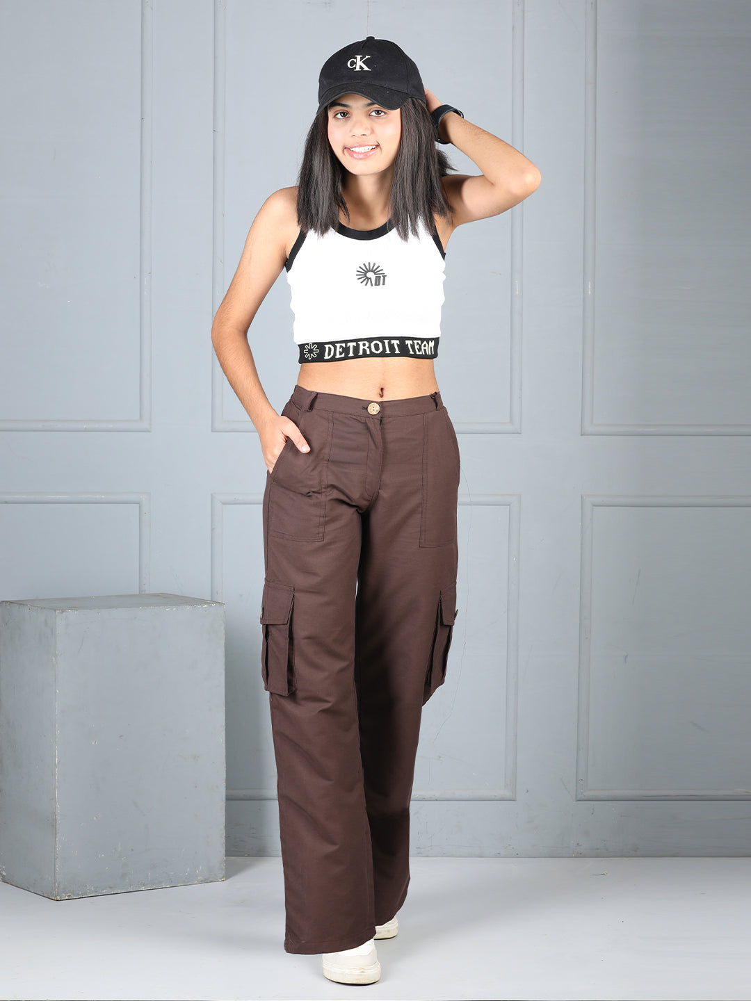 Cutiekins Girls Solid Polycotton Casual Cargo Pant -Coffee Brown