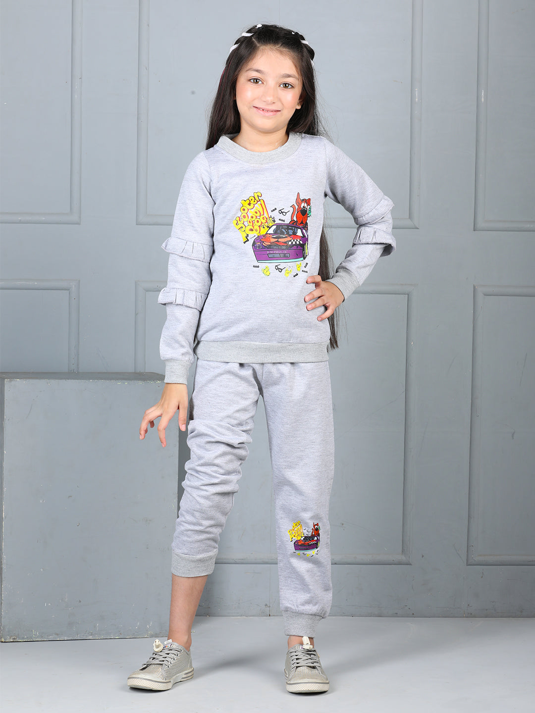 Cutiekins Girls Scooby Doo Graphic Print Cozy Tracksuit -Grey & Yellow