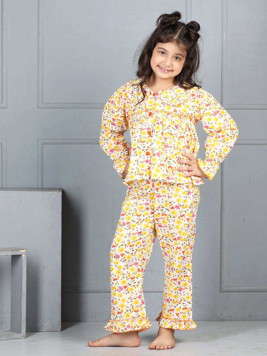 Cutiekins Girls Shirt Style Floral Printed Top With Printed Palazzo Nightsuit -Vanilla & Multi