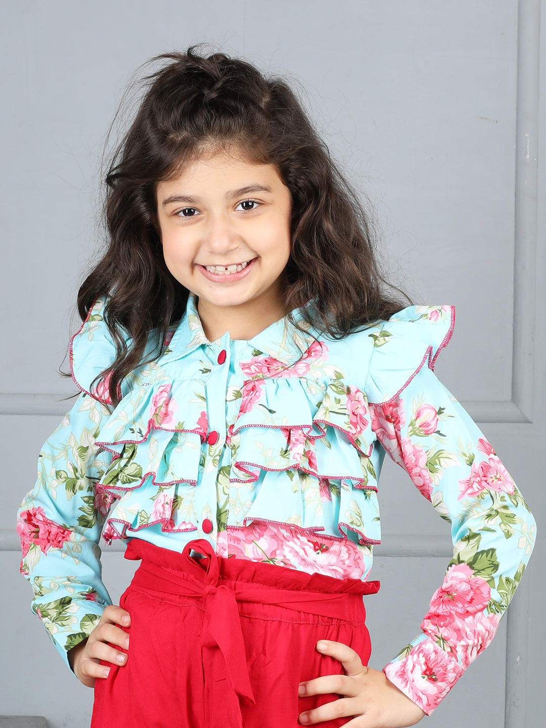 Cutiekins Girls Shirt Style Floral Print Embellished Top -Sky Blue & Pink