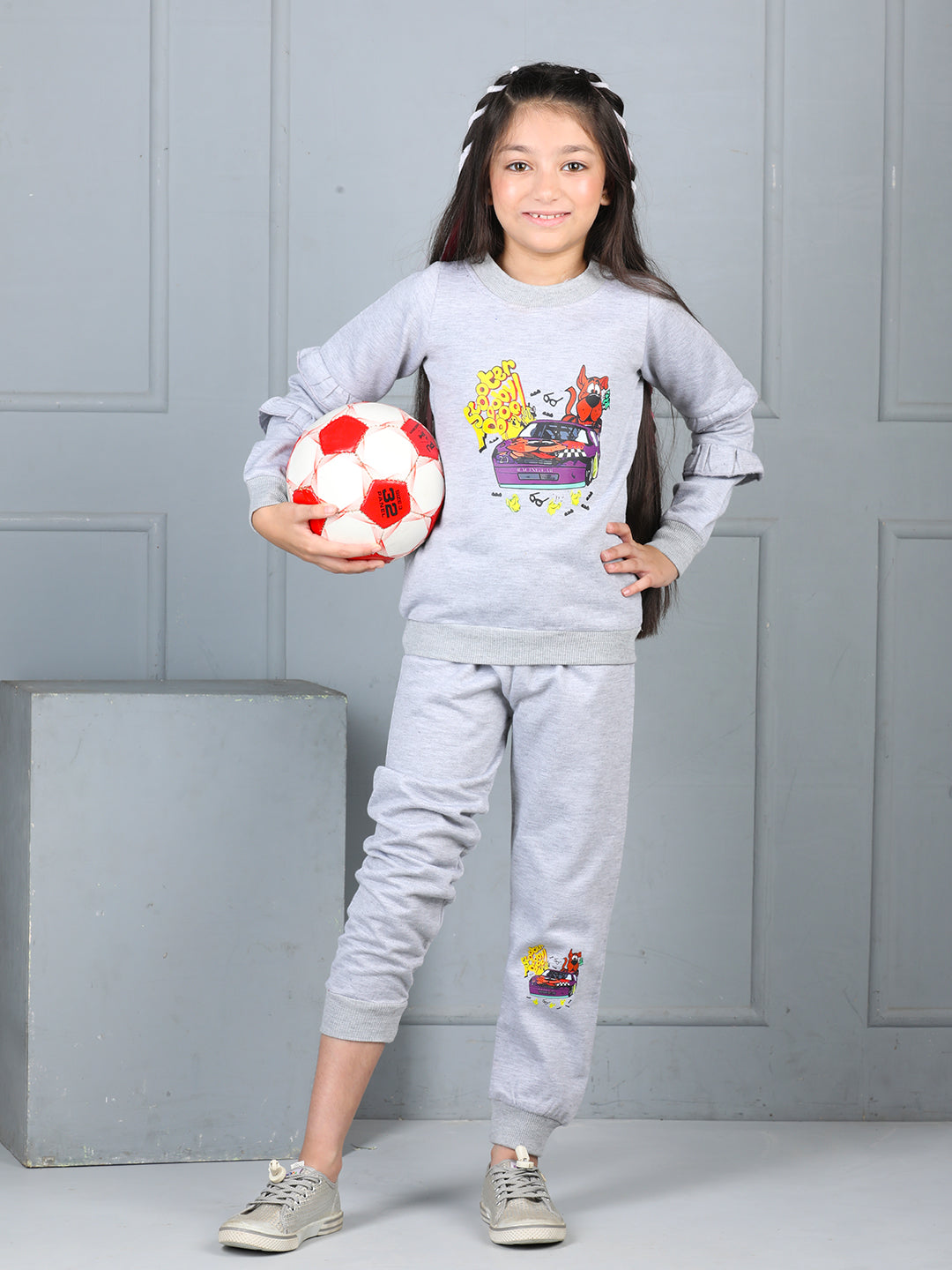 Cutiekins Girls Scooby Doo Graphic Print Cozy Tracksuit -Grey & Yellow