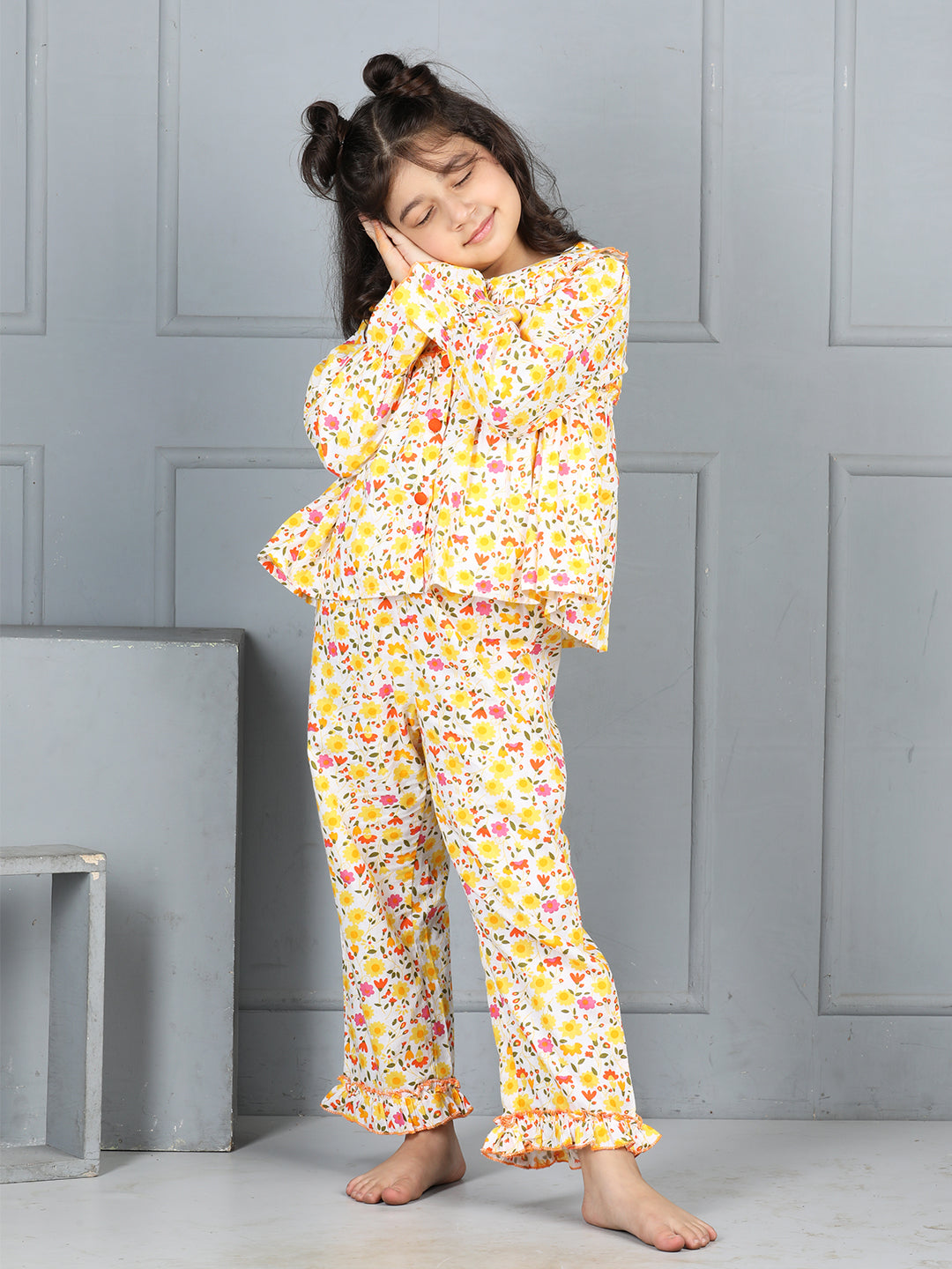 Cutiekins Girls Shirt Style Floral Printed Top With Printed Palazzo Nightsuit -Vanilla & Multi