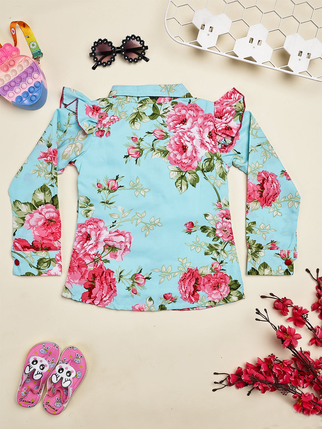 Cutiekins Girls Shirt Style Floral Print Embellished Top -Sky Blue & Pink