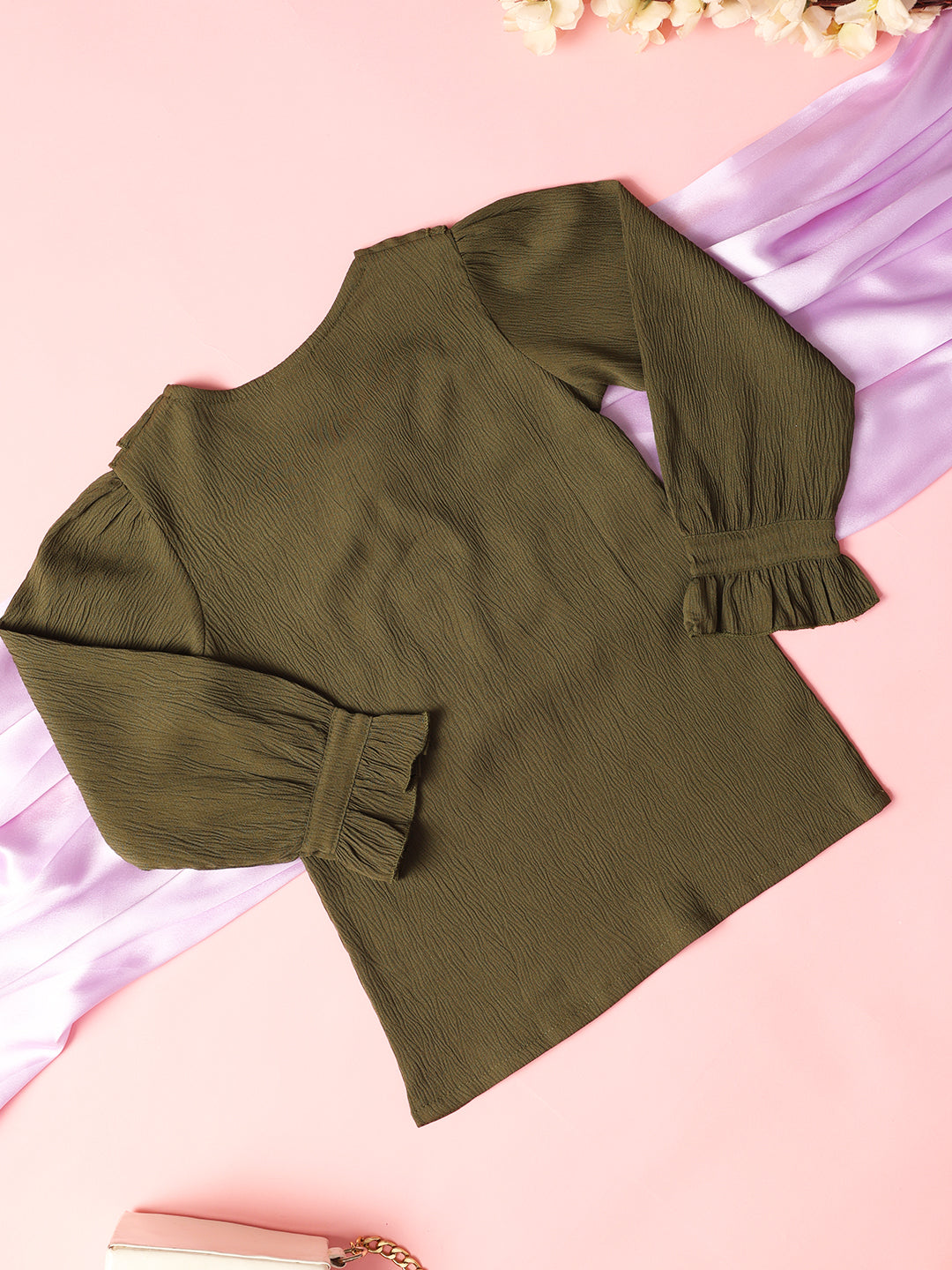 Cutiekins Girls V-Neck Embellished Top -Olive Green