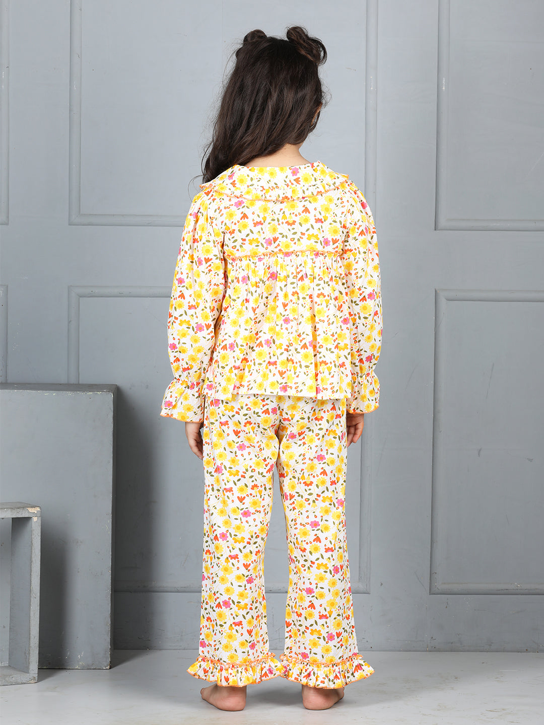 Cutiekins Girls Shirt Style Floral Printed Top With Printed Palazzo Nightsuit -Vanilla & Multi