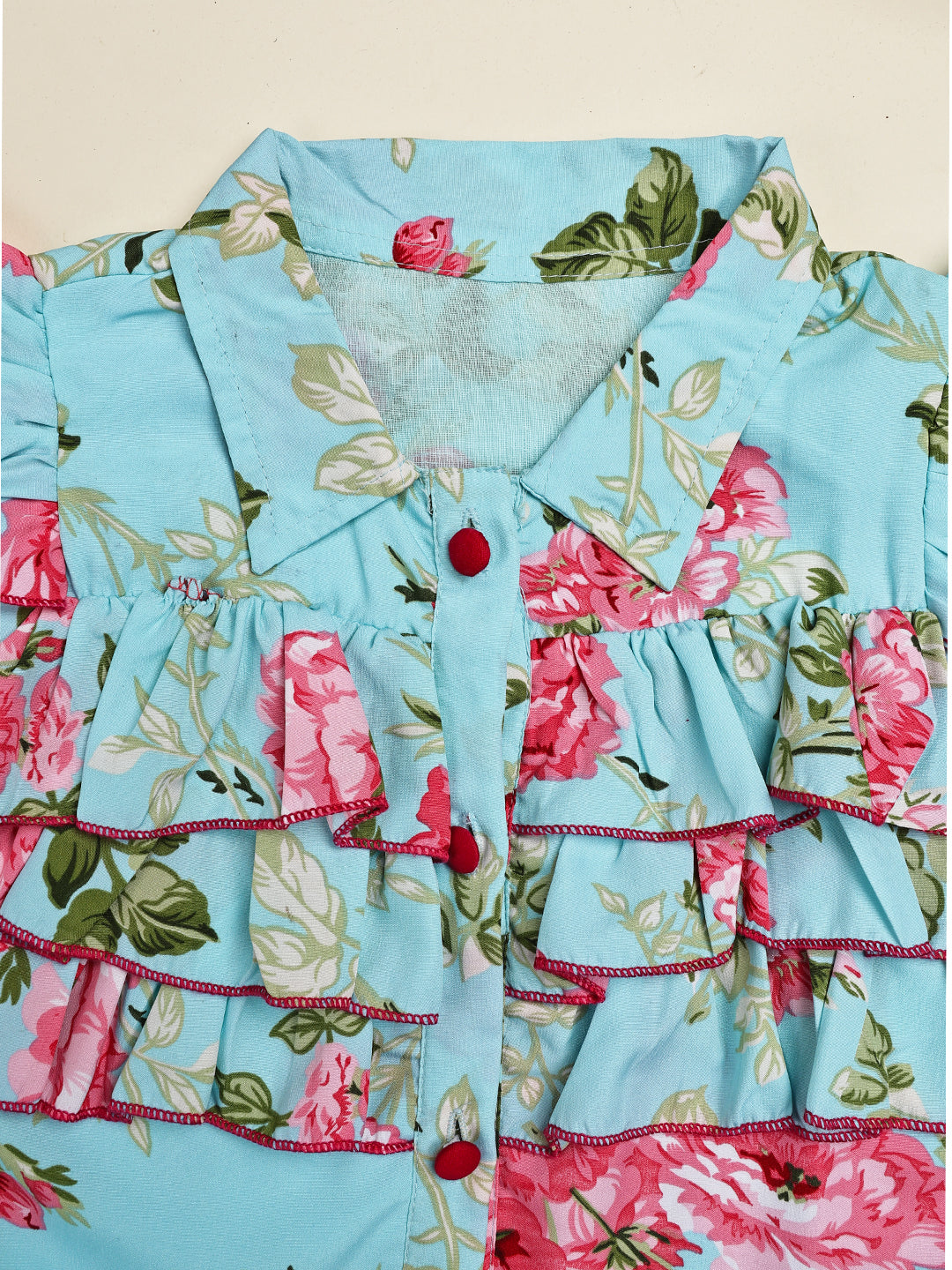 Cutiekins Girls Shirt Style Floral Print Embellished Top -Sky Blue & Pink