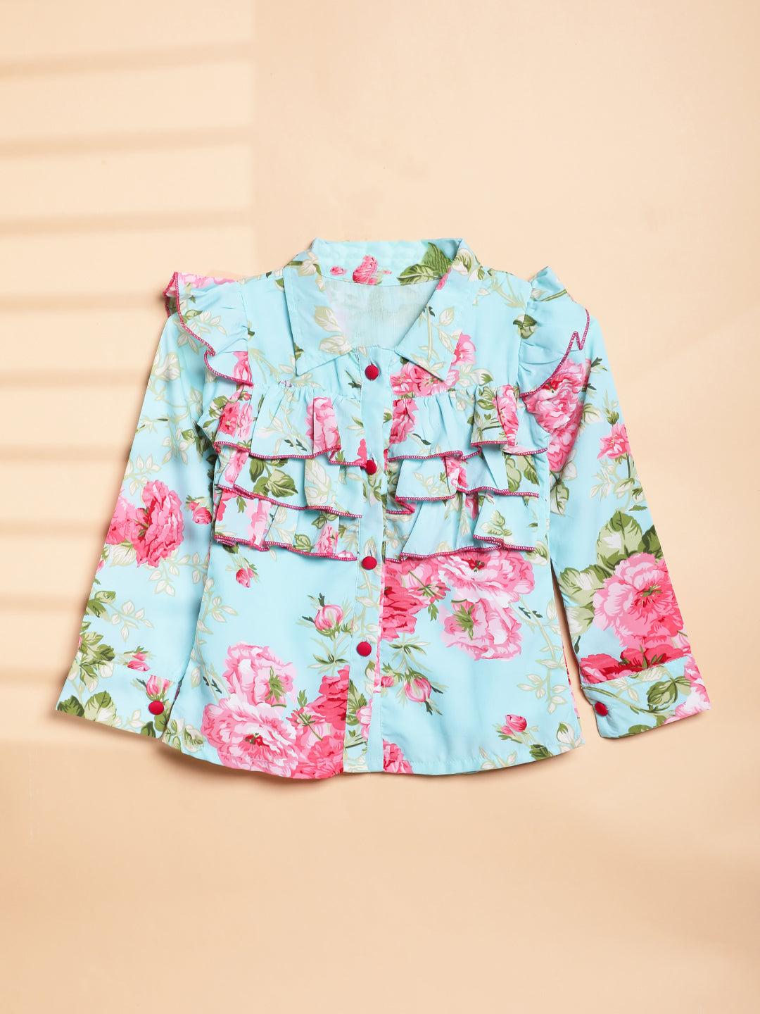 Cutiekins Girls Shirt Style Floral Print Embellished Top -Sky Blue & Pink