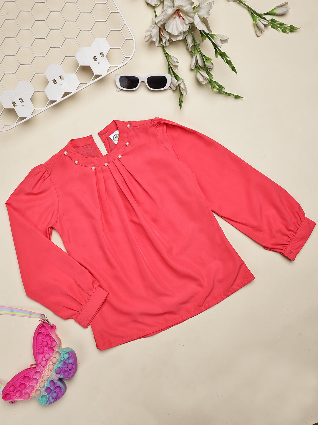 Cutiekins Girls Solid Embellished Casual Top -Coral