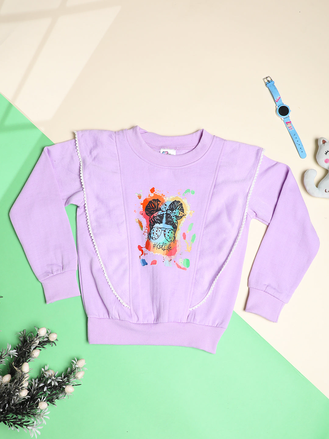 Cutiekins Girls Trendy Graphic Printed and Embellished Winter Sweatshirt -Violet & Multi