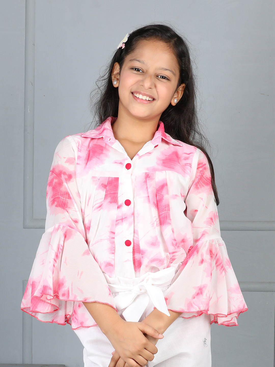 Cutiekins Girls Shirt Style Trendy Tie and Dye Print Top -Off White & Pink