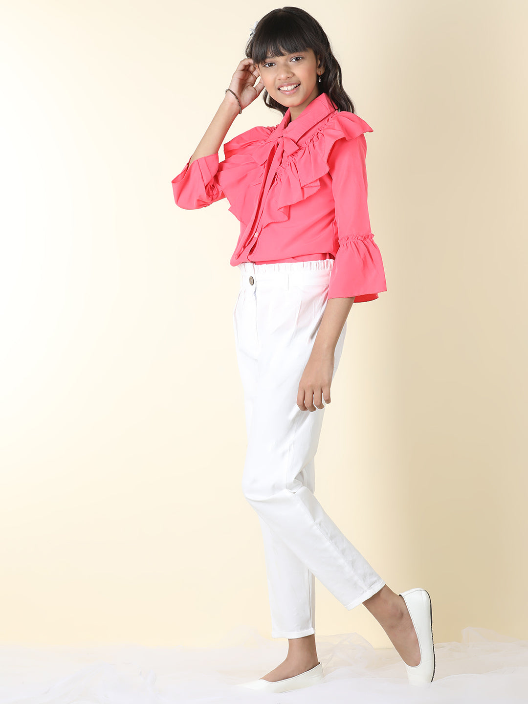 Cutiekins Girls Shirt Style Solid Top With Solid Trouser -Red Pink & White