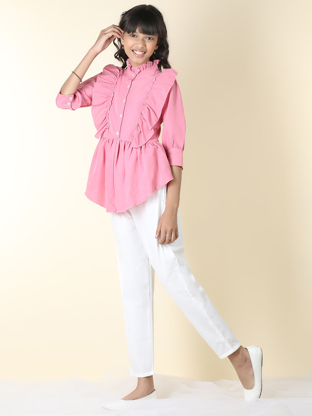 Cutiekins Girls Shirt Style Solid Top With Solid Trouser -Rose Pink & White