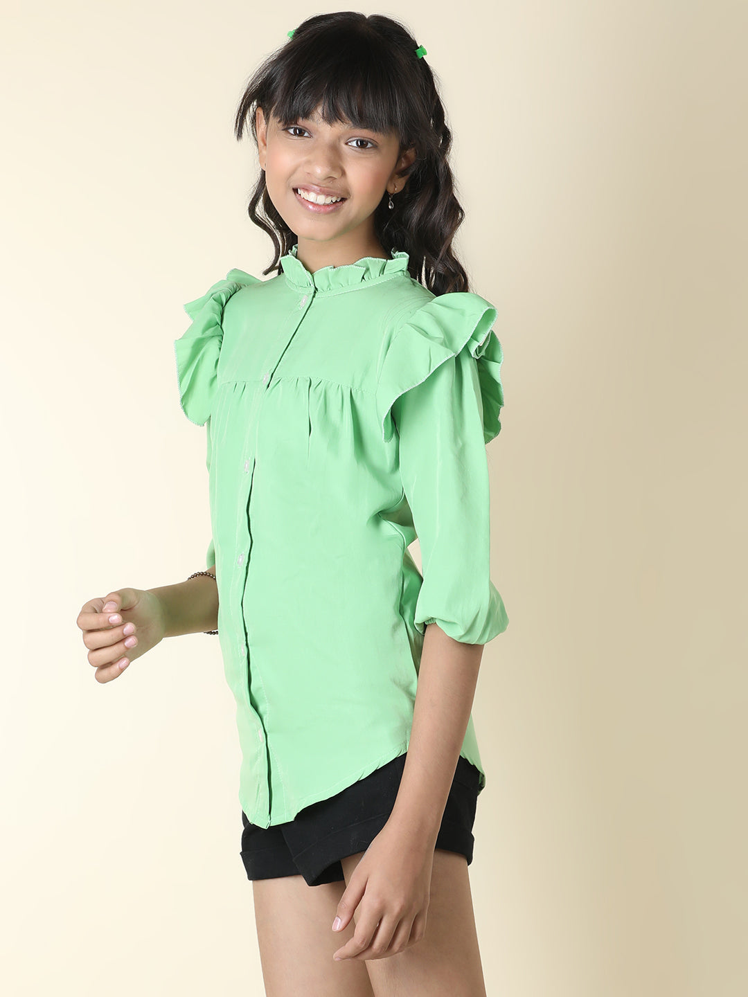 Cutiekins Girls Shirt Style Solid Embellished Top -Green