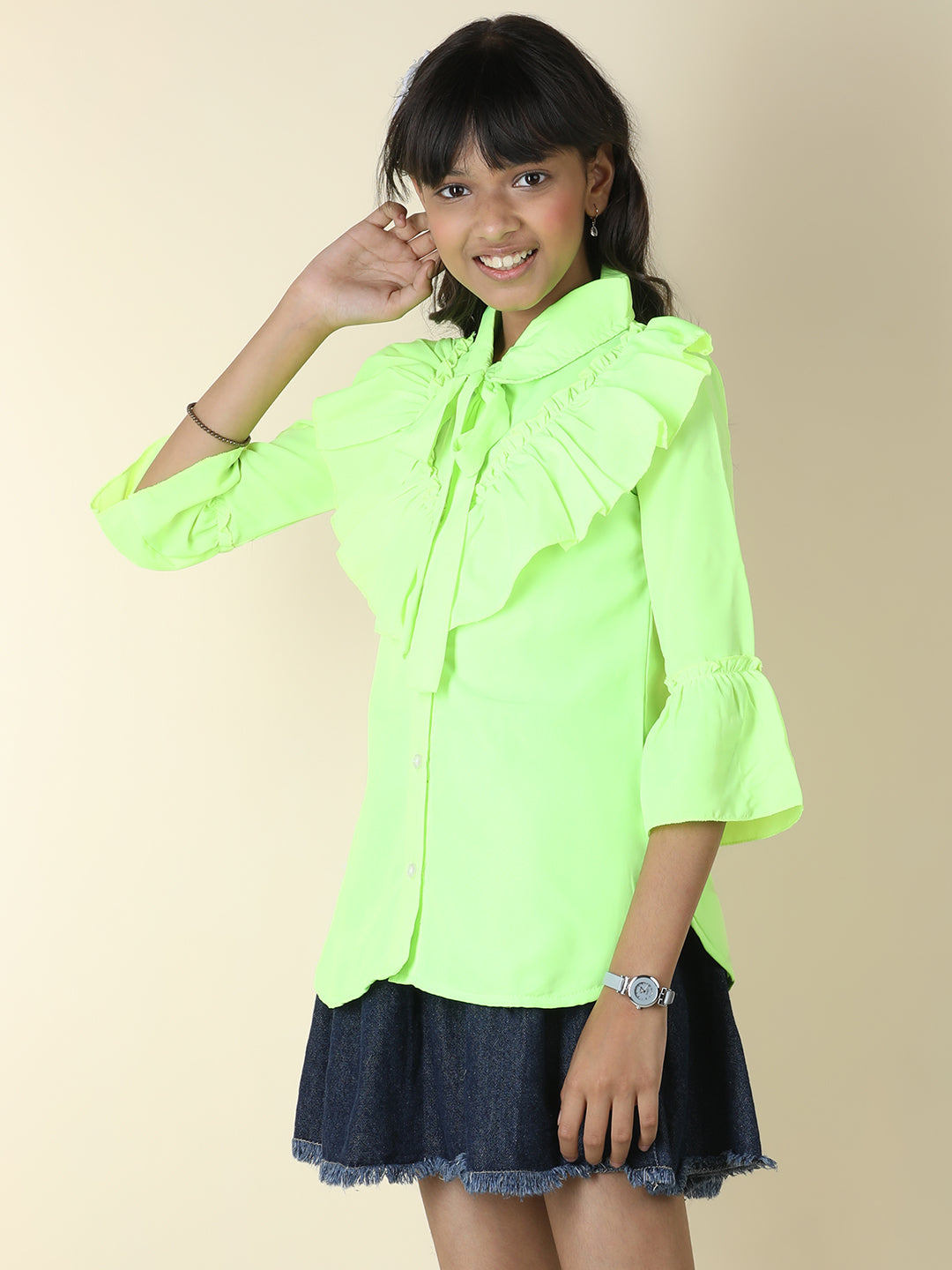 Cutiekins Girls Shirt Style Solid Embellished Top -Fluorescent Green