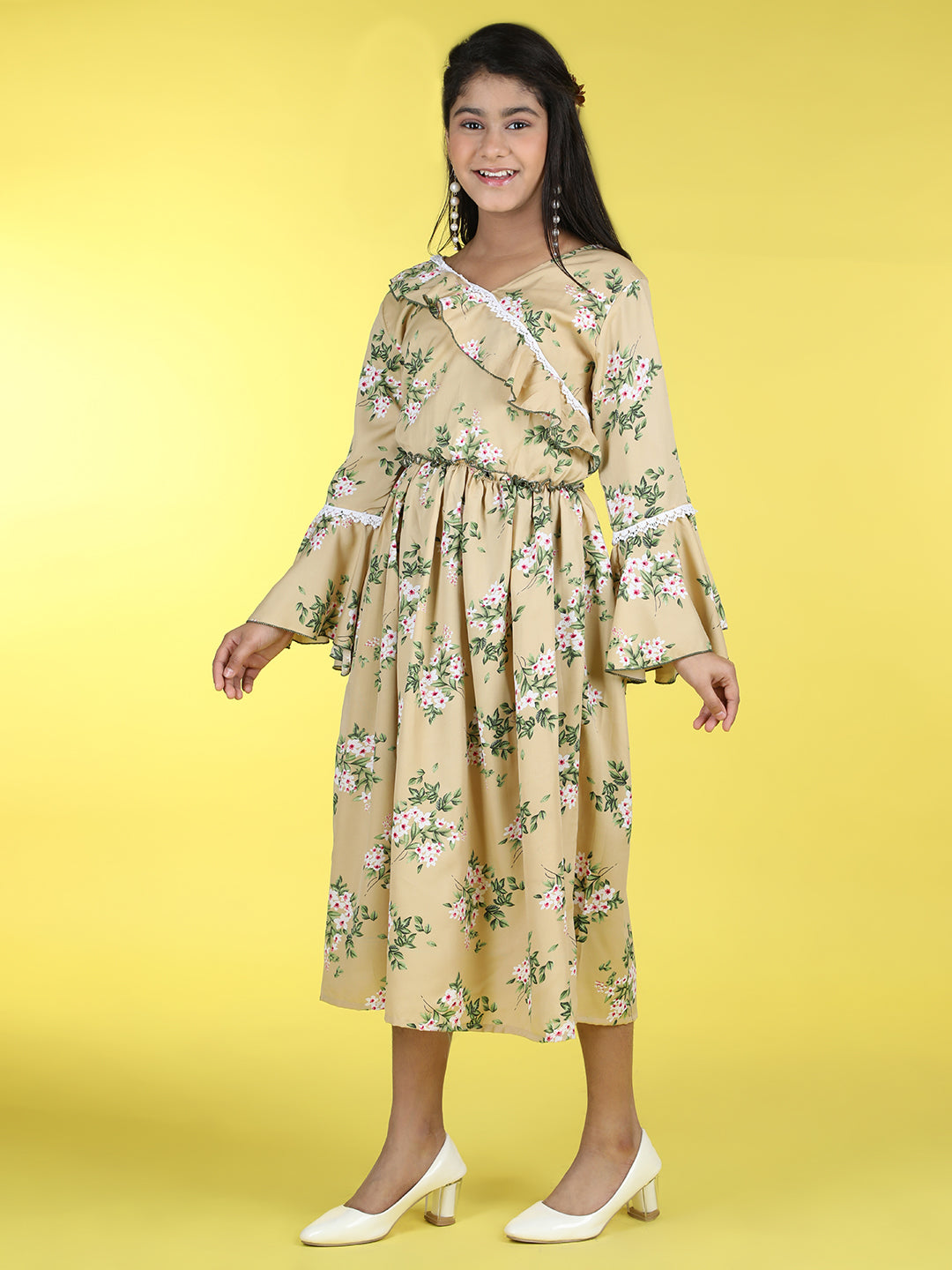 Cutiekins V-Neck Printed Flared Dress-Baige & Green