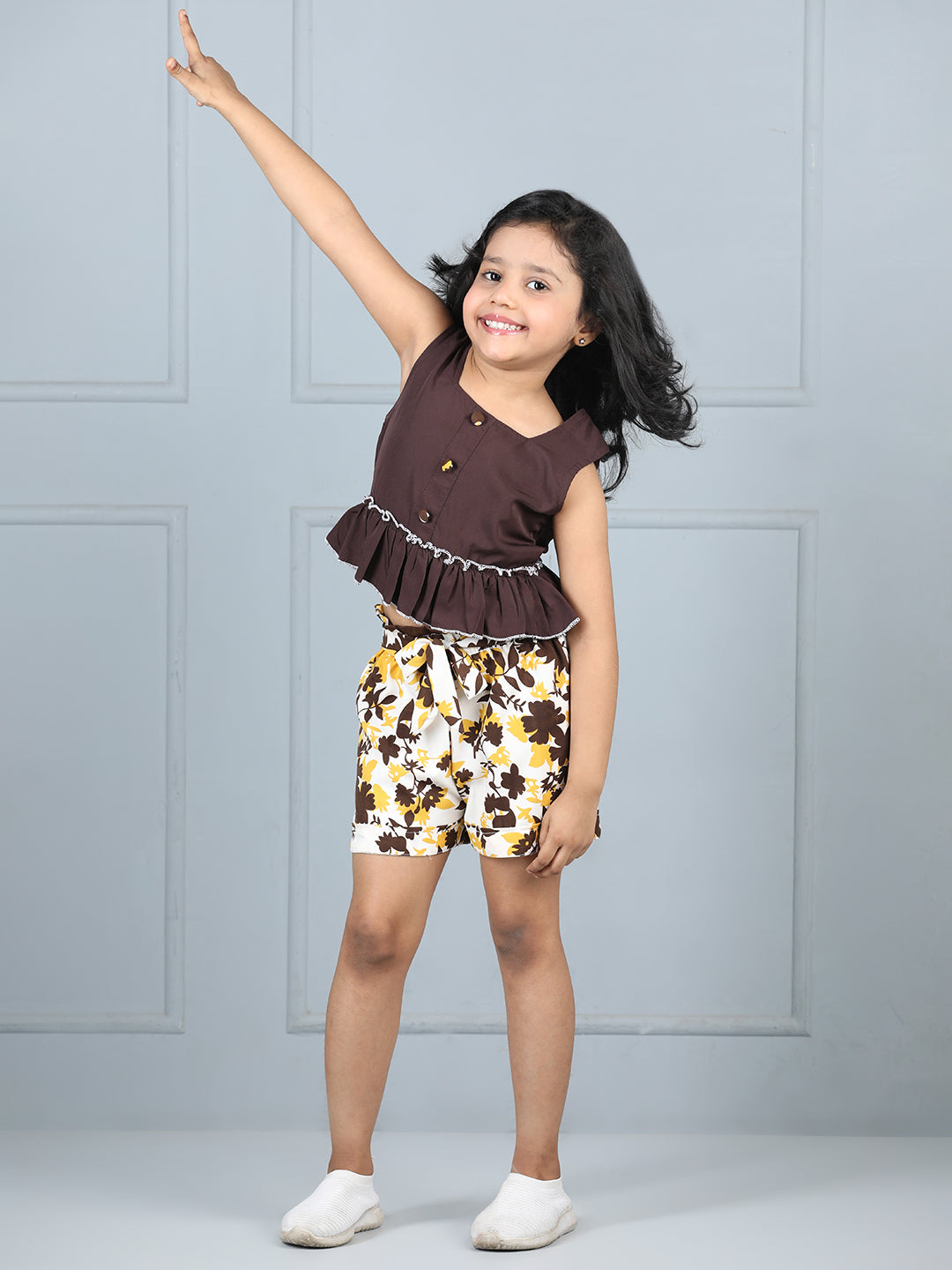 Cutiekins Girls Solid Embellished Top With Printed Shorts -Coffee Brown & Off White