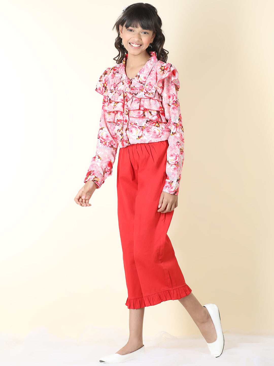 Cutiekins Girls Shirt Style Printed Top With Solid Capri -Pink & Red