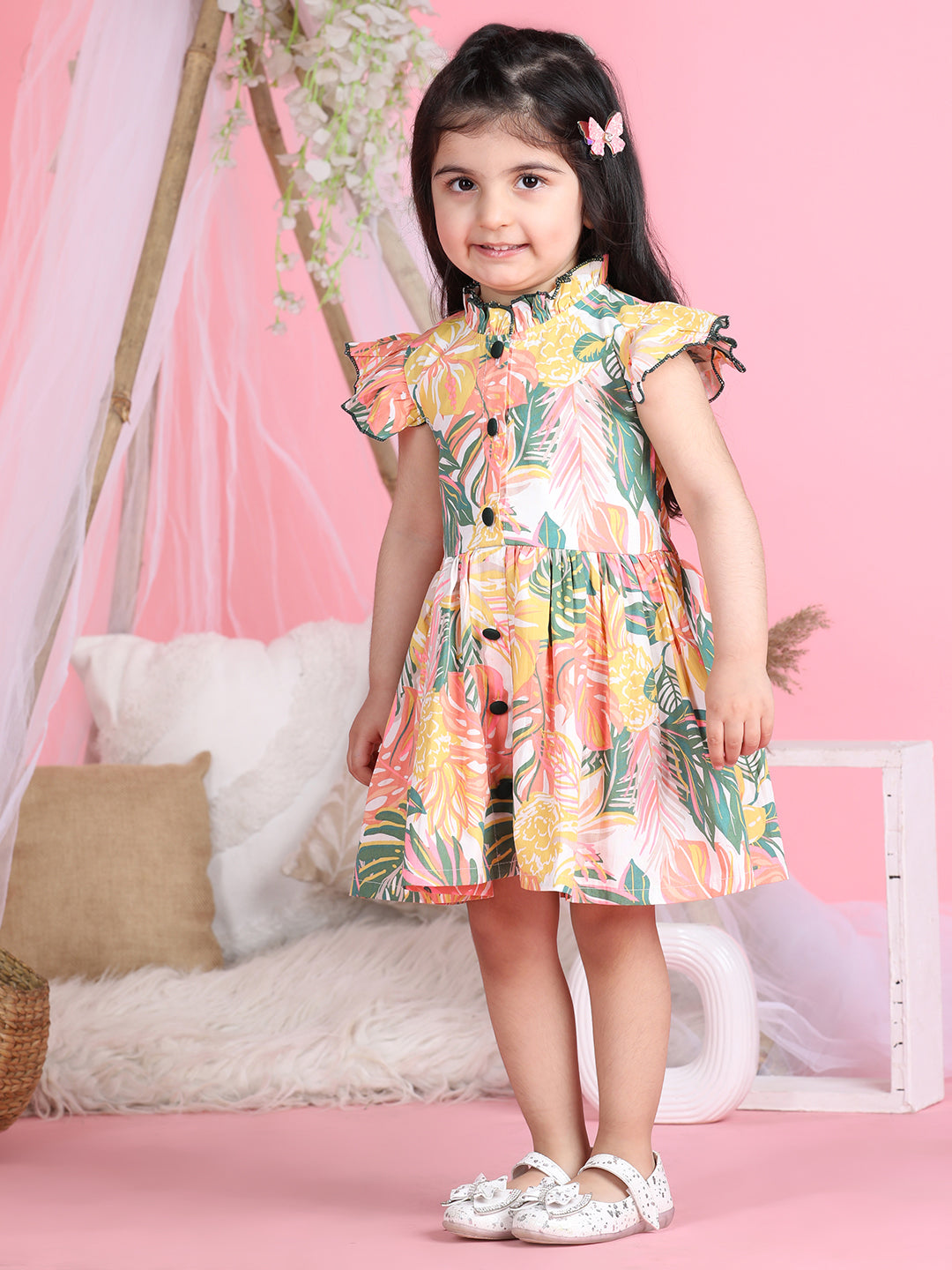 Cutiekins Mandarin Collar Printed Flared Dress-Multicolour