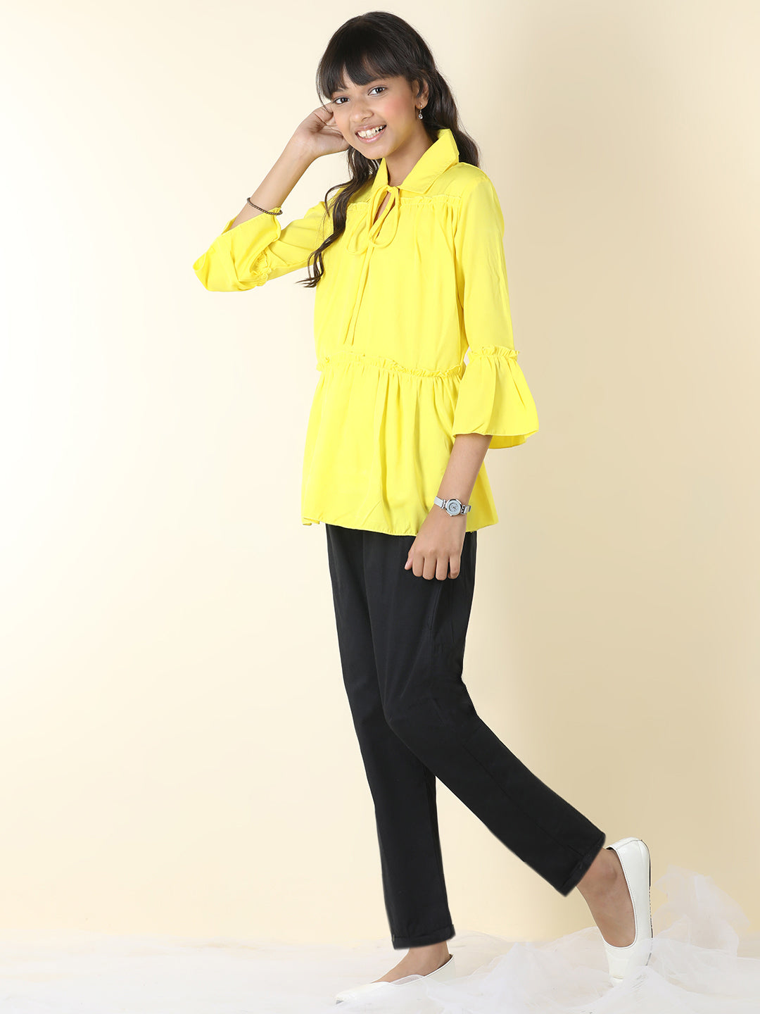 Cutiekins Girls Tie-Up Solid Top With Solid Trouser -Yellow & Black